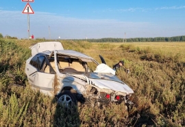 В Омской области иномарка с пассажирами вылетела с дороги и перекувырнулась