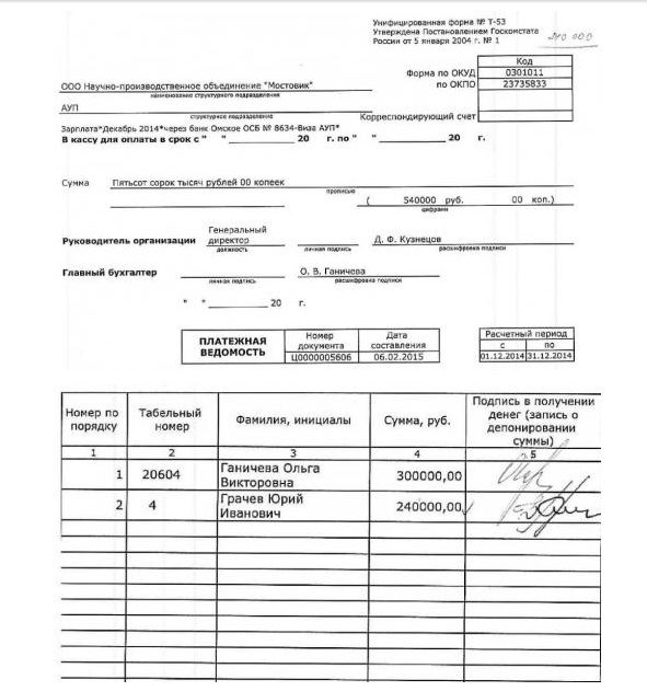 Форма т 53 платежная ведомость образец заполнения